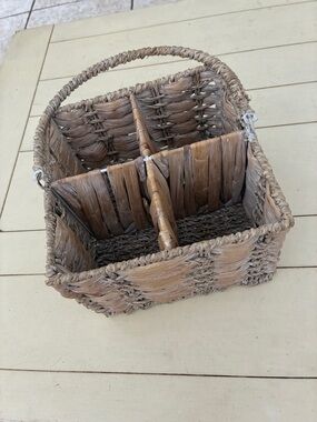 Woven Natural Brown Divided Storage Basket with Handle, hand woven. 8”x8”x5.5”.